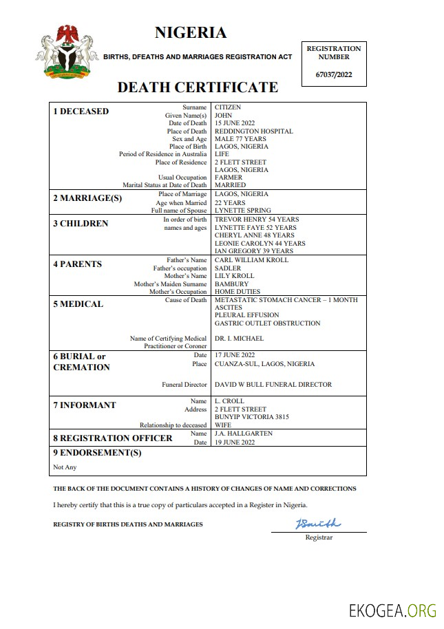 Modèle Word et PDF de certificat de décès de l'état civil du Nigeria